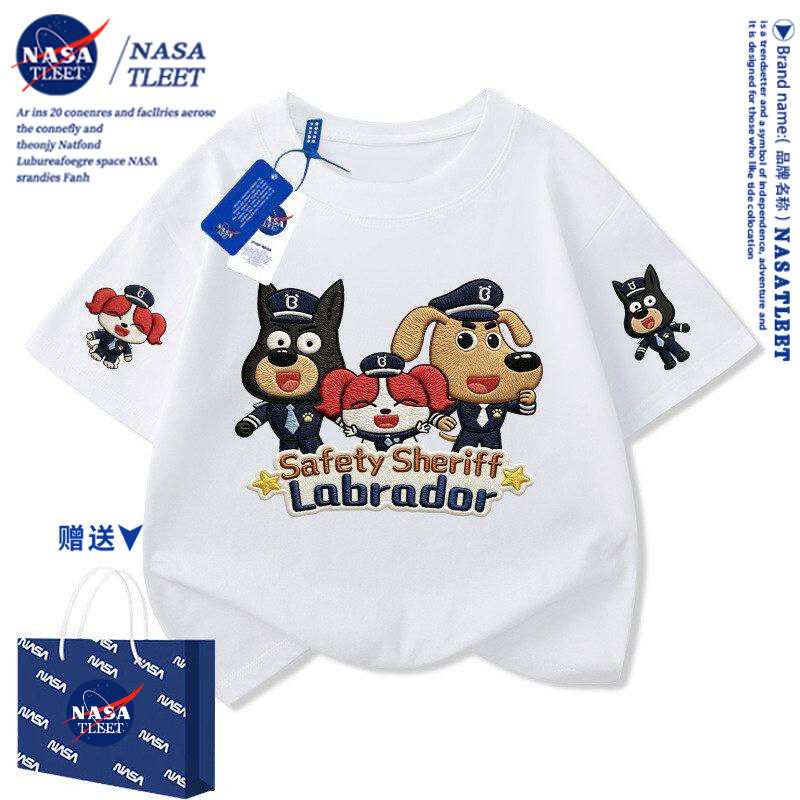 NASA拉布拉多警长仿刺绣印花短袖t恤男女童装夏季中大童纯棉上衣