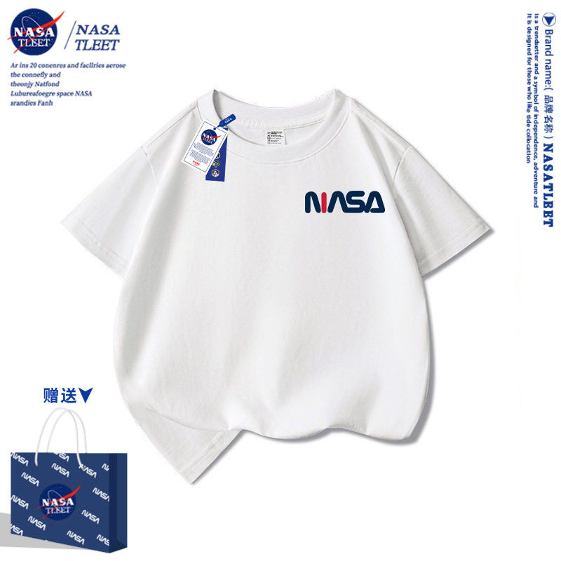 NASA男童短袖T恤夏季纯棉2025新款女大童儿童半袖红色拜年服上衣
