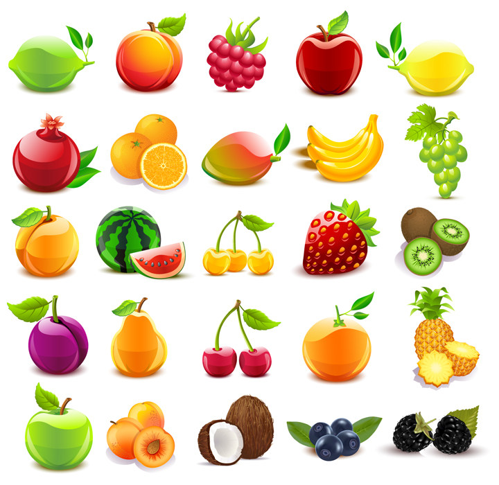 新鲜水果 苹果梨草莓石榴香蕉奇异果蓝莓椰子 ai格式矢量设计素材