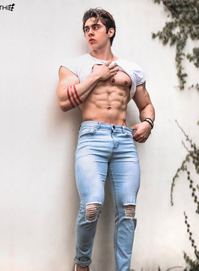 活出真我 Jed North高弹力男士健身运动牛仔裤黑色破洞健美潮流裤