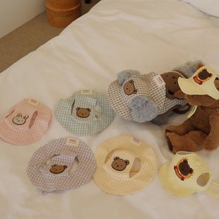 现货INS风韩国夏日全棉洗水格子粉黄小熊小兔子配套帽子宠物套装