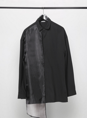 潮男秋装原创暗黑街头个性不规则网纱拼接修身百搭黑色衬衫男长袖