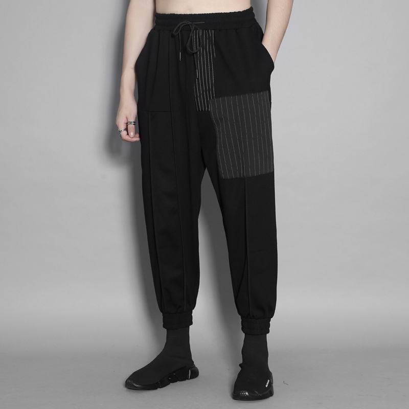 条纹撞色拼接宽松哈伦裤男士束脚