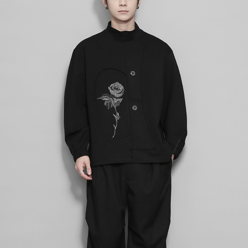 植物花卉刺绣拼接半高领卫衣男潮