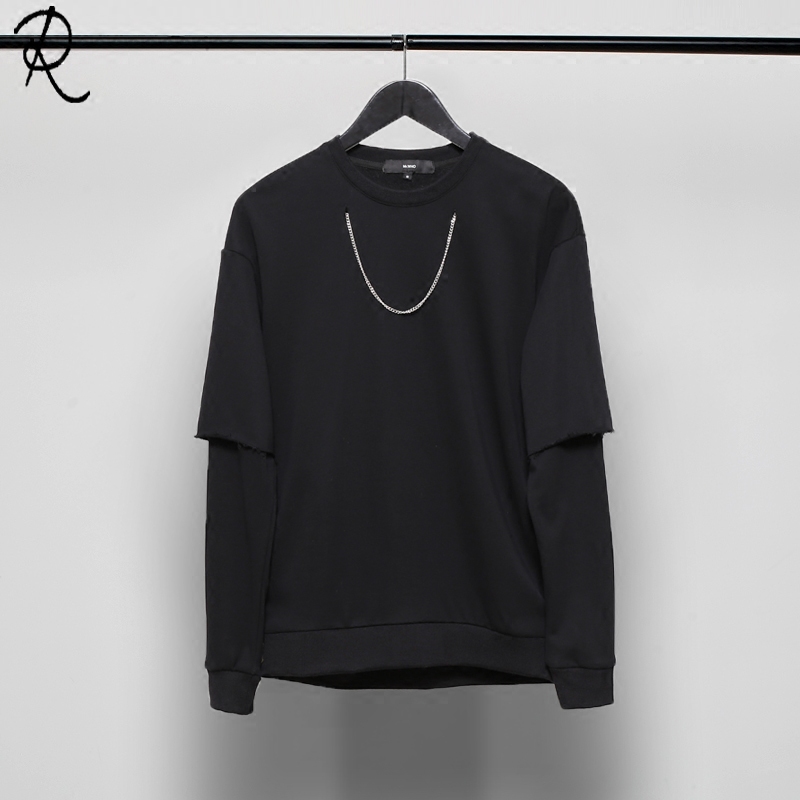 2025秋装新款原创潮男暗黑系个性链条装饰假两件修身长袖卫衣男潮