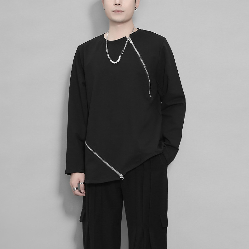 原创男装暗黑港风个性不规则拉链拼接休闲打底修身长袖t恤男卫衣