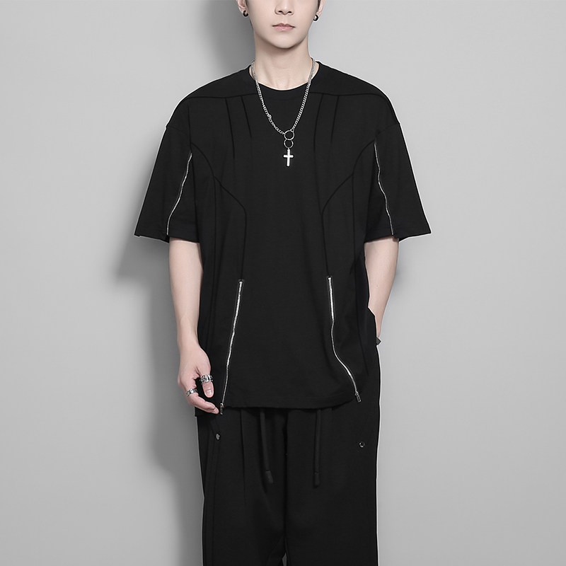 原创男装夏季新品暗黑港风个性拉链拼接小众设计感休闲短袖t恤男