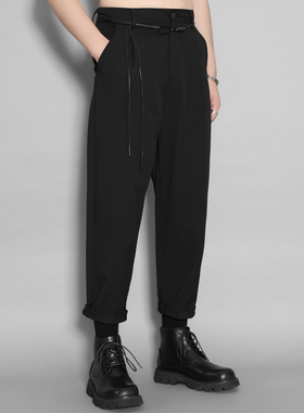 原创暗黑港风气质九分休闲长裤男秋季痞帅垂感黑色百搭哈伦潮裤男