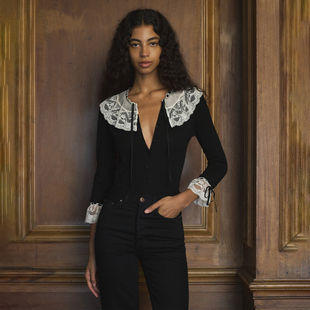 小上衣开衫 DOEN法式 女春秋冬绝美修身 针织衫 花边100%美利奴羊毛衫