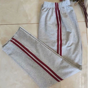 纯棉中小学生校服裤子浅灰裤子双酒红杠直筒校裤裤子春秋单裤