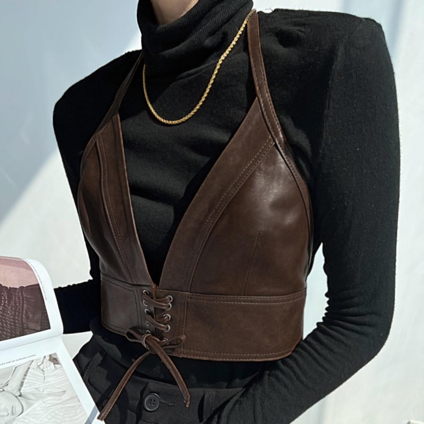 普洛克正品叠穿风格绵羊皮吊带抽绳抹胸真皮小衫挂脖内搭小背心女