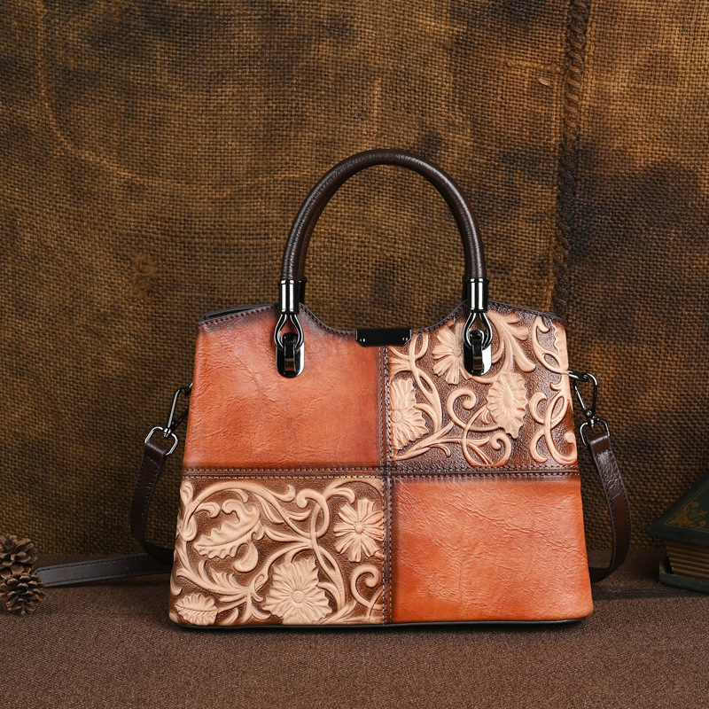 普洛克正品古压花手工擦色植鞣皮头层牛皮水桶包单肩斜跨手提包女