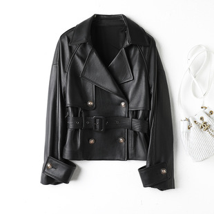 普洛克正品皮衣英伦风气质绵羊皮腰带双排扣小香风短款风衣外套女