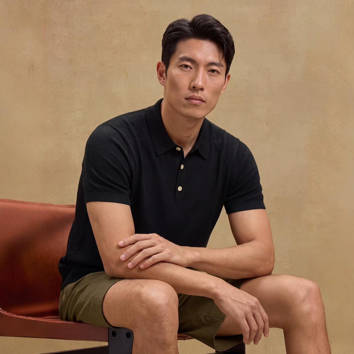 普洛克男装新款 意复古翻领针织衫夏桑蚕丝凉感短袖休闲纯色恤