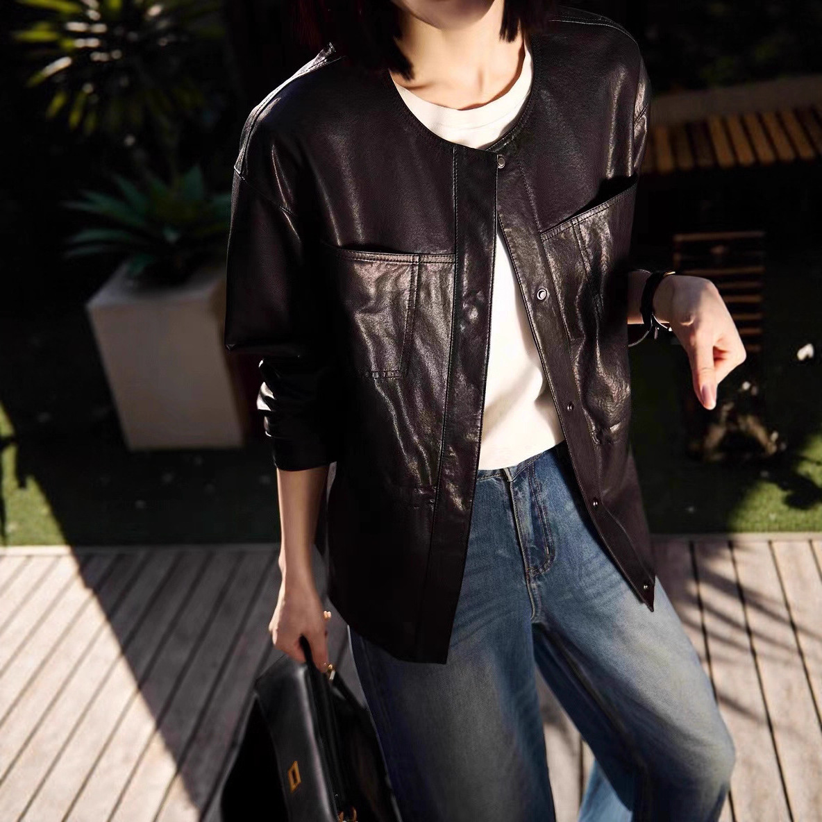 普洛克正品植鞣超柔软绵羊皮皮衣中长款风衣时尚抽绳圆领女装外套