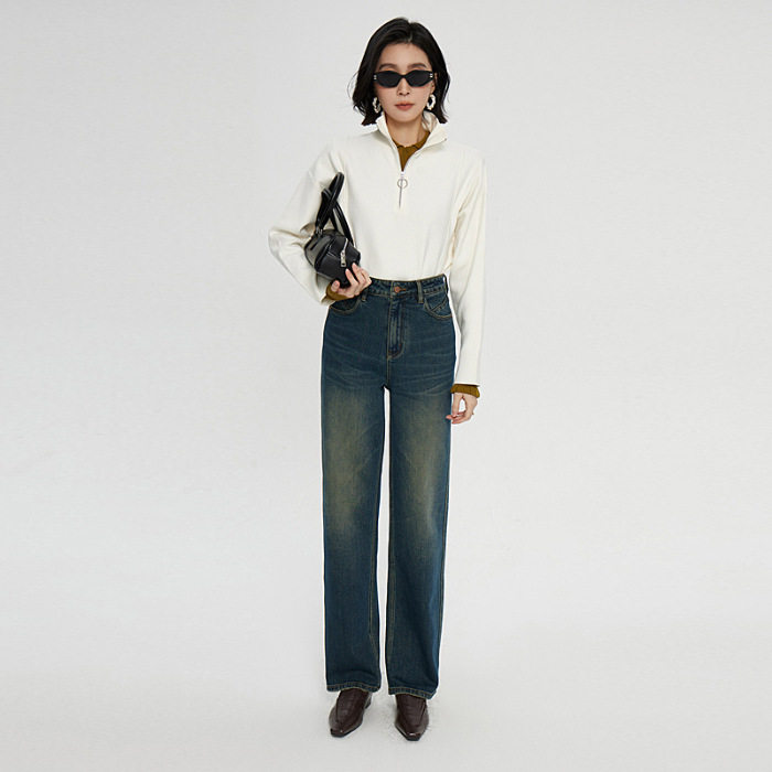 普洛克正品&高端系磨边牛仔裤女冬季高腰弹力直筒裤拖地窄版阔腿