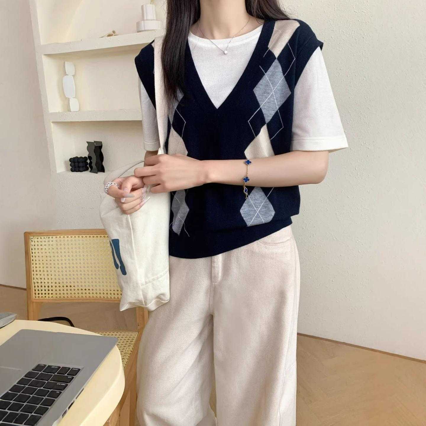 普洛克新款 夏桑蚕丝短袖假两件撞色针织衫T恤女宽松菱形方块提花