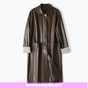 普洛克正品A级绵羊皮真皮衣油蜡植鞣诺丁山翻领阔版长款风衣外套