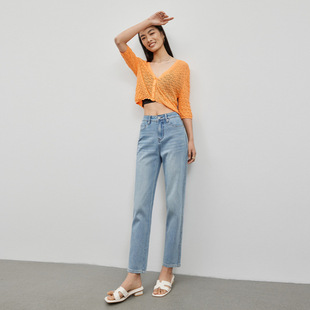 普洛克正品夏季九分高品质烟管窄版微弹百搭直筒裤浅蓝色牛仔裤女