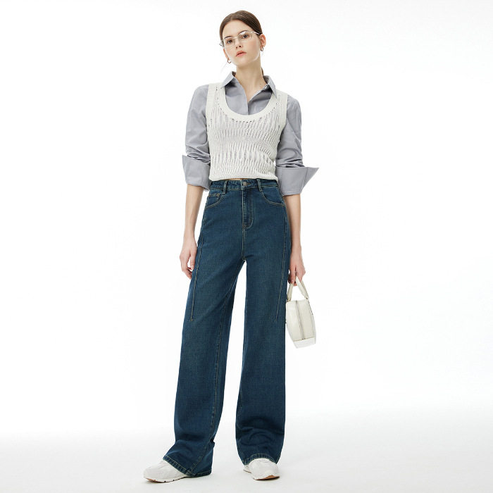 普洛克正品直筒牛仔裤女高腰秋季新款宽松显瘦窄版阔腿拖地裤高级