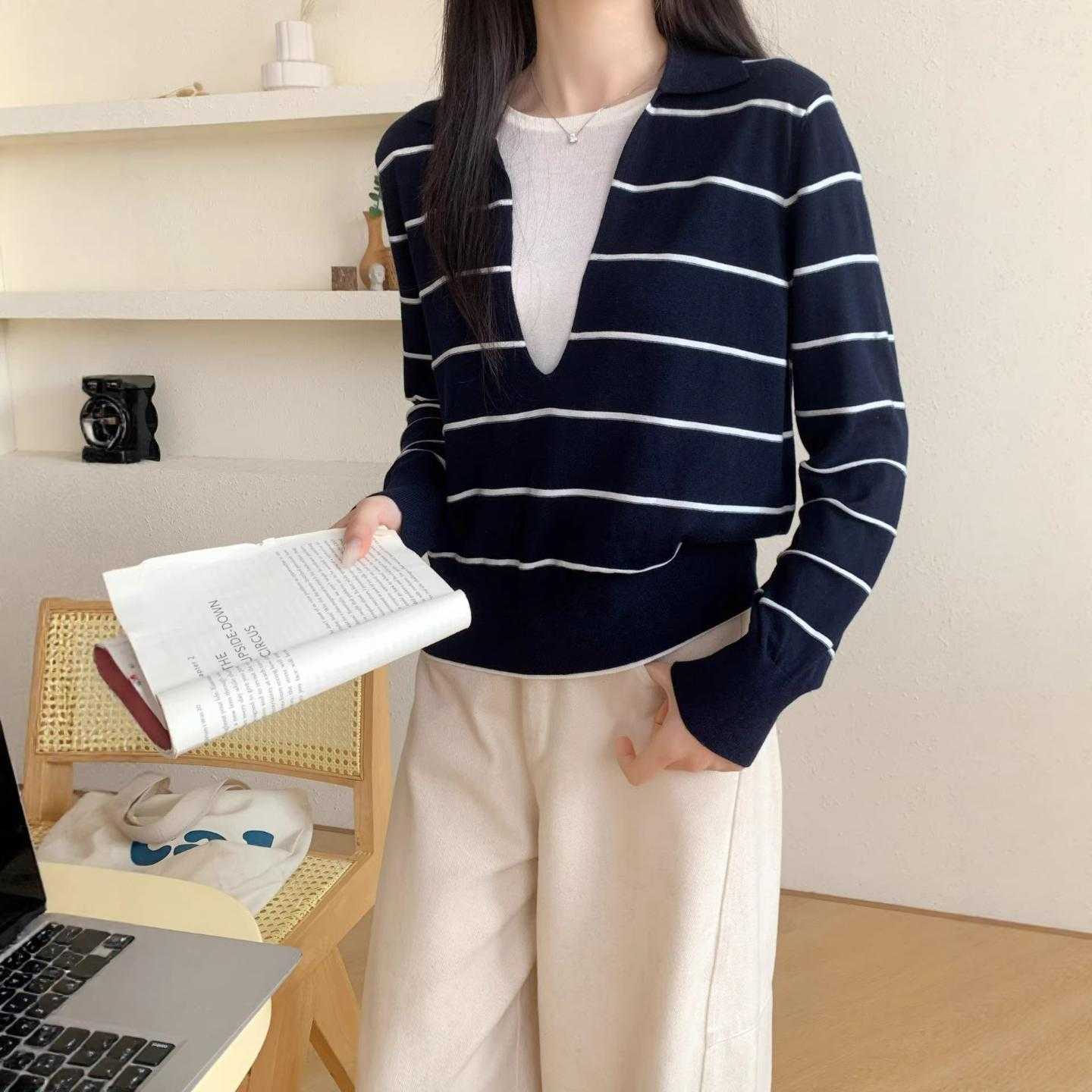 普洛克新款 法式撞色条纹翻领假两件针织衫女春秋老钱风设计感宽