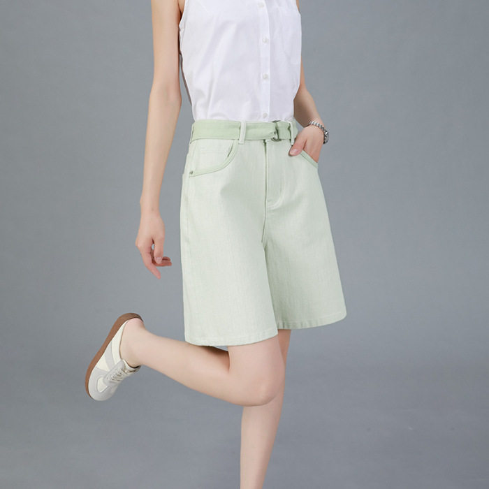普洛克正品仔夏季四面弹薄荷绿腰带时尚短裤高品牛仔四分裤女牛仔