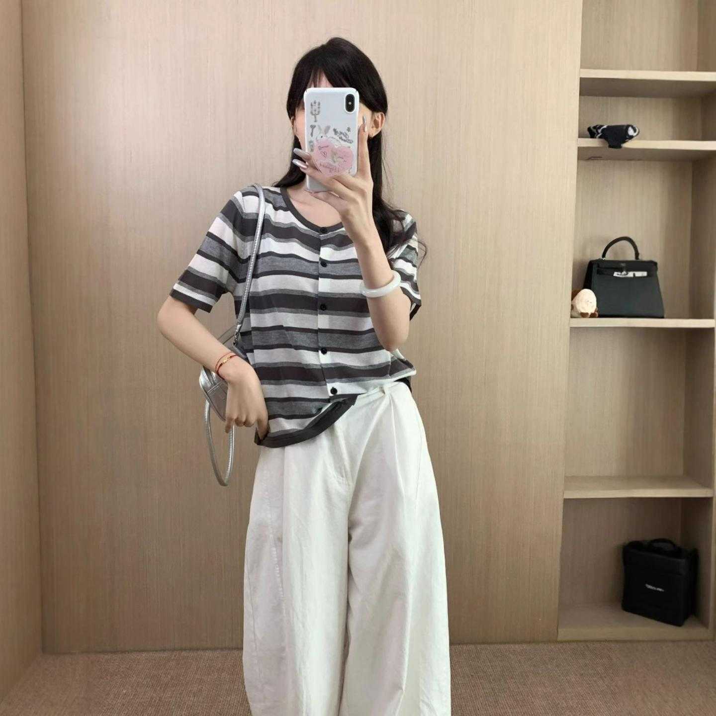 普洛克新款 拼色条纹圆领针织开衫女春夏洋气薄款短袖t恤宽松学院