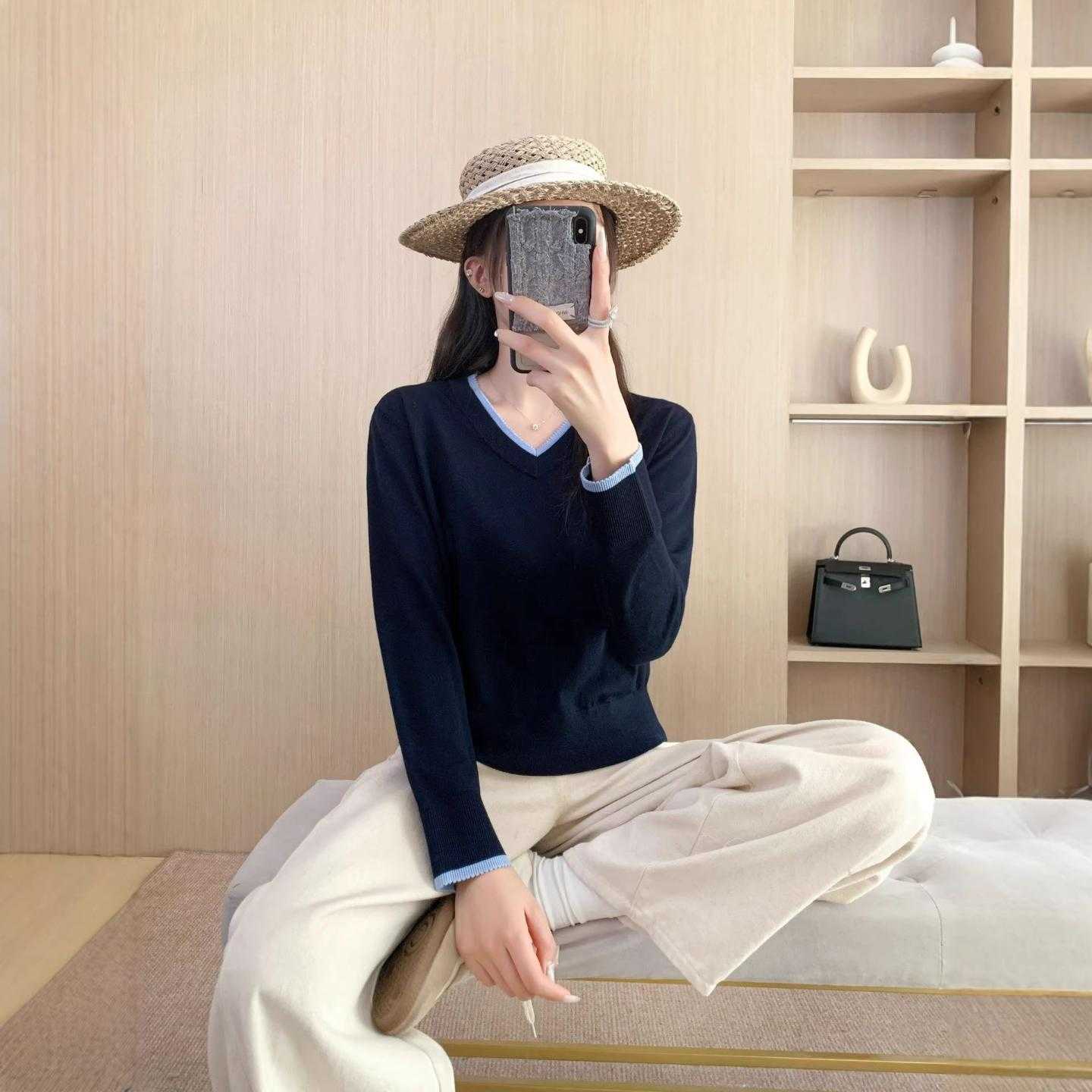 普洛克新款 桑蚕丝羊毛领针织衫女薄款打底衫撞色假两件春秋极简