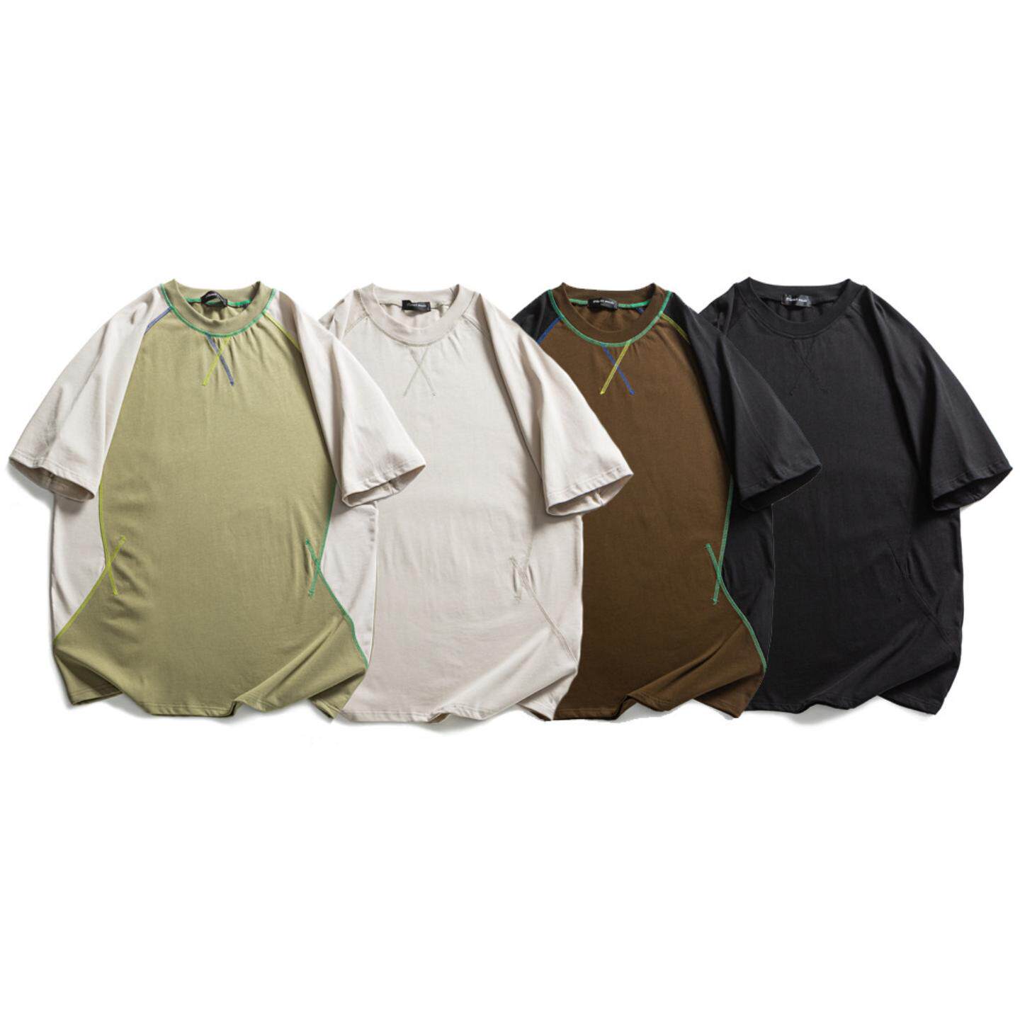 美式复古拼接插肩袖短袖恤男女宽松半袖体恤衫潮牌情侣纯棉