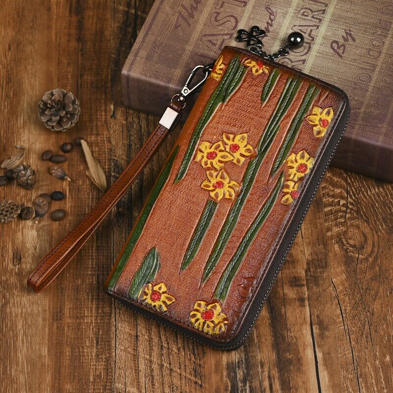 普洛克正品层牛皮真皮女士钱包高级感复古压花创意通勤零钱手机包