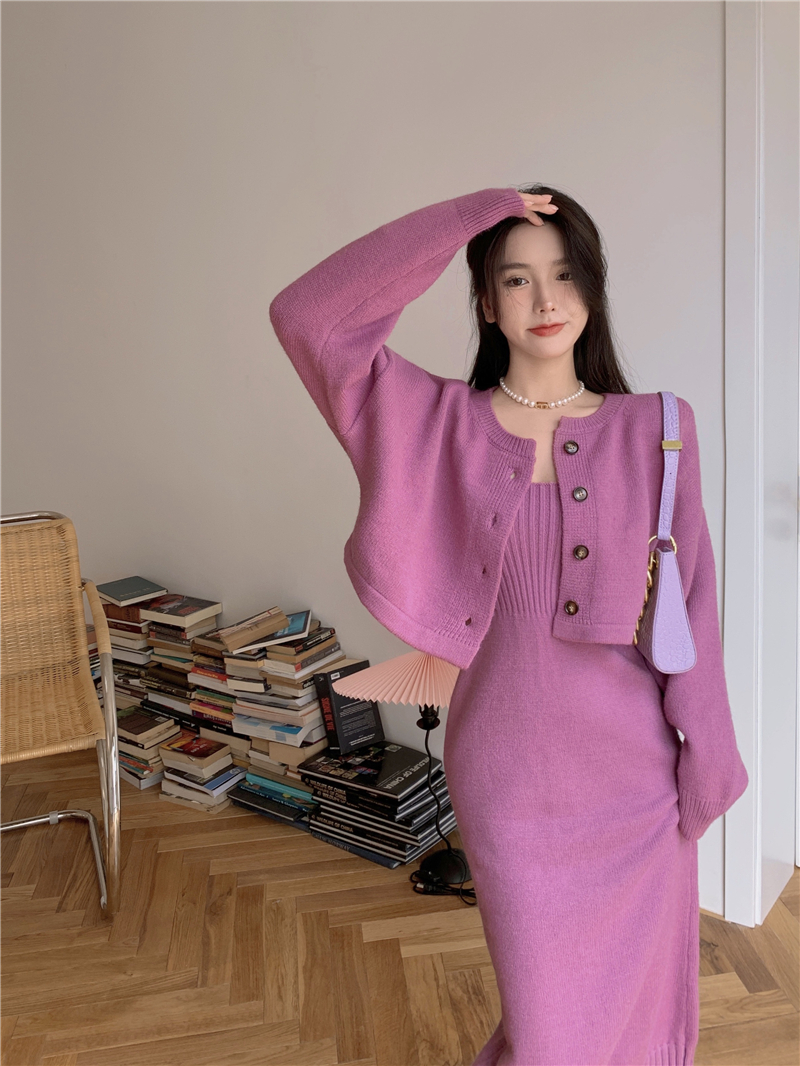 Real shot real price French temperament suit short knitted cardigan + two piece high waist suspender skirt