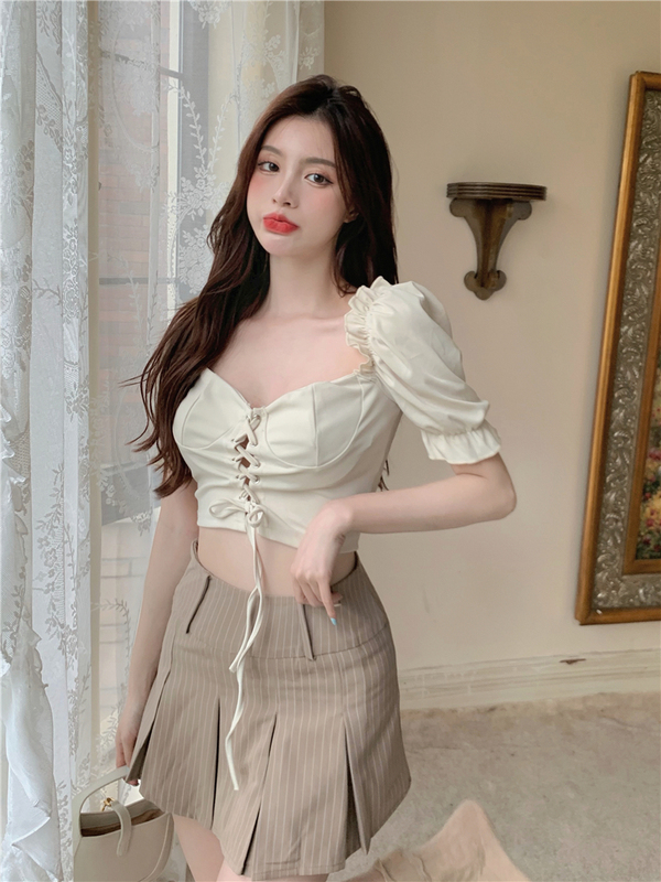 Real price short sleeve shirt bubble sleeve top striped pleated skirt pants girlie temperament sexy