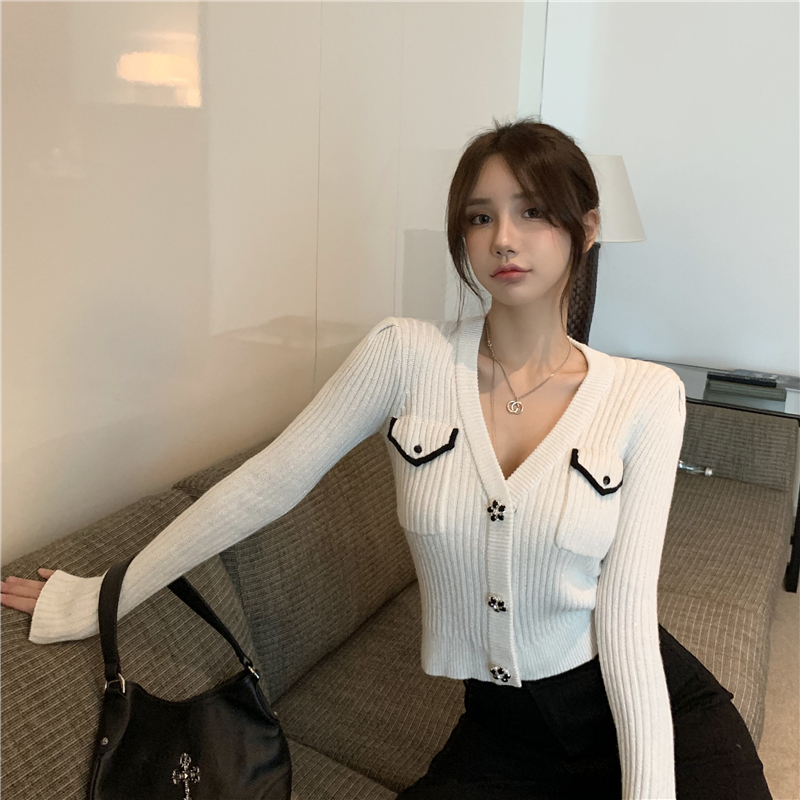 Real shot real price knitwear fashion small women's V-neck button slim long sleeve top cardigan