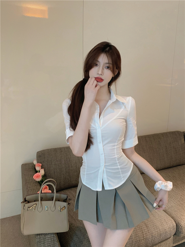 Real price casual shirt sweet foreign style pleated skirt