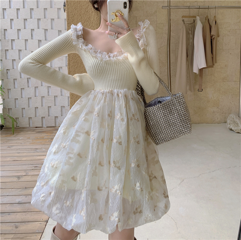 Real price jacquard three-dimensional flower bud Lace Long Sleeve Dress