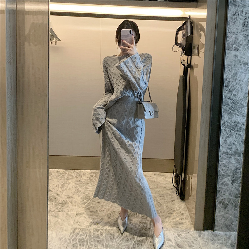 實拍實價 慵懶風毛衣女百搭打底長袖針織衫套裝裙