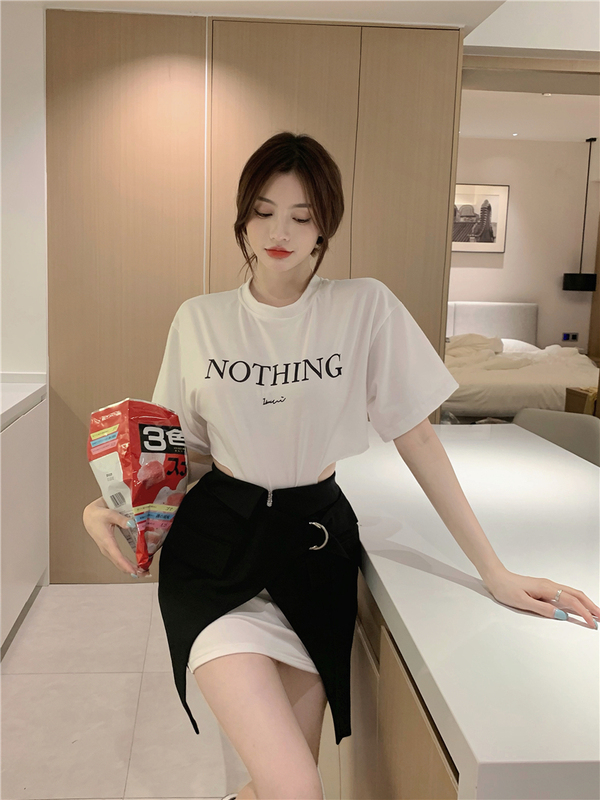 Real price letter side waist hollow T-shirt short sleeve + waist short skirt two piece women's loose short sleeve suit