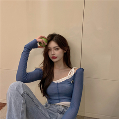 Real price sunscreen knitted women's sexy slim small sling color contrast two piece suit