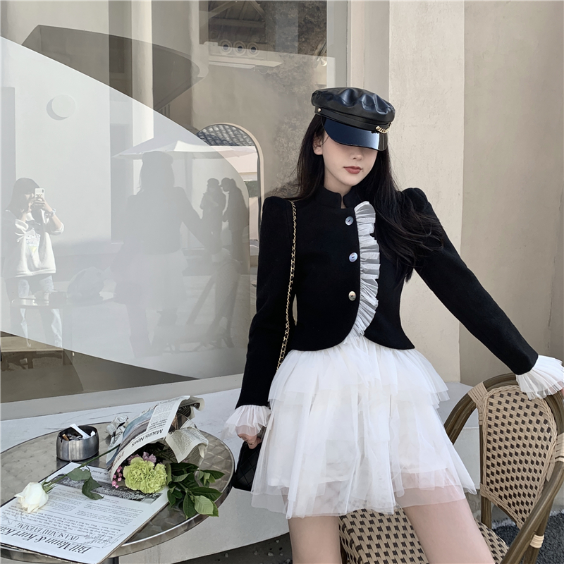 Real shot real price woolen dark small group white yarn short jacket mesh A-line cake skirt