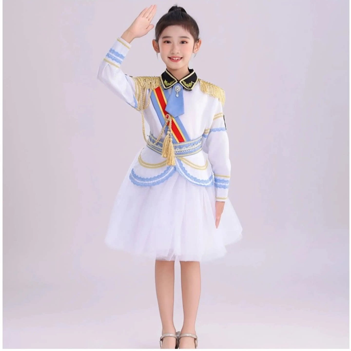 儿童演出服中国风白色制服男女童运动会表演服套装透气腰带