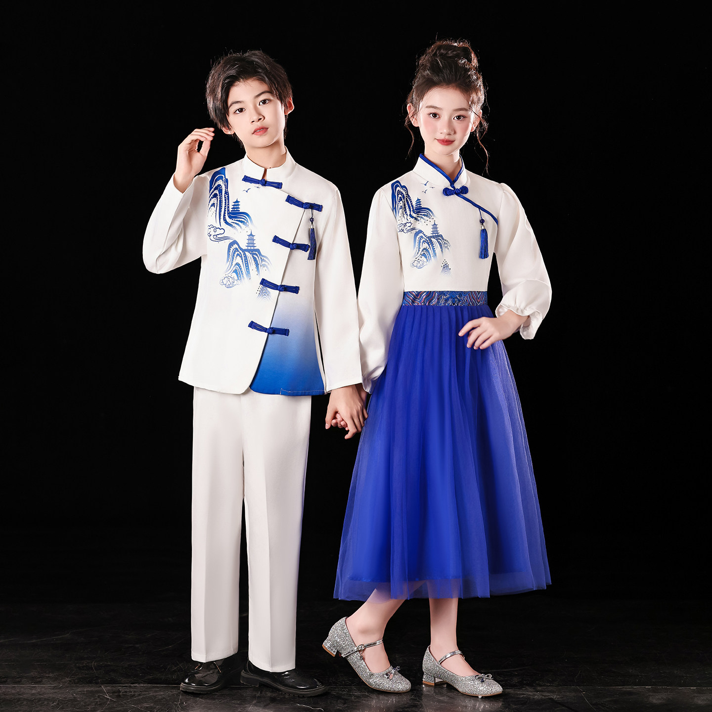 儿童合唱服演出服中国风蓝色初中小学生大合唱礼服朗诵表演服十一