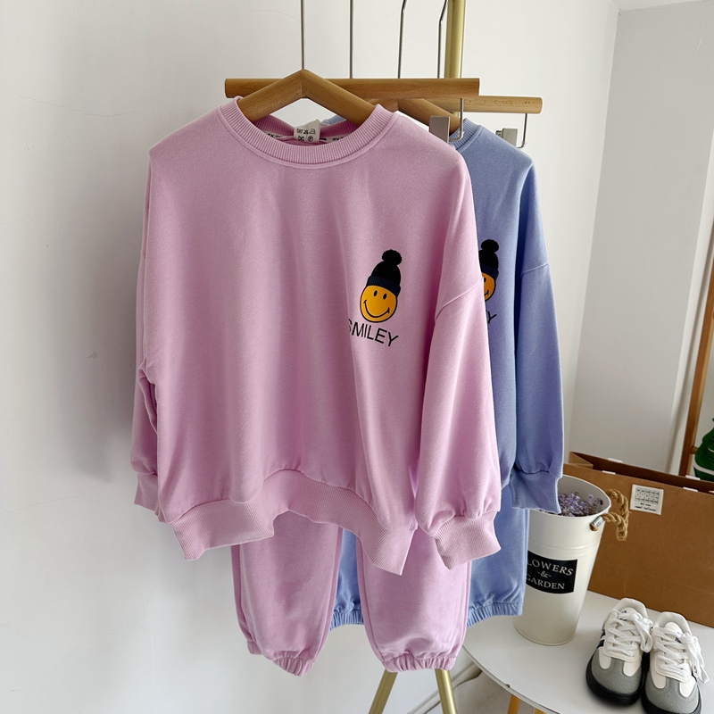 嗨大E小e童装春款男女童圆领卫衣+束脚运动裤休闲笑脸印图套装