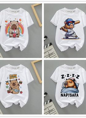 跨境新款卡通Capybara夏季短袖卡皮巴拉男女儿童圆领亲子装T恤潮