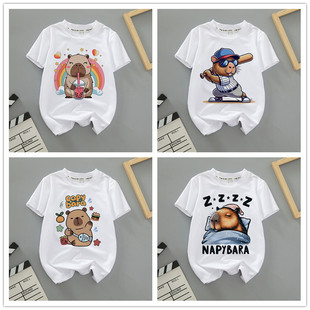 跨境新款卡通Capybara夏季短袖卡皮巴拉男女儿童圆领亲子装T恤潮