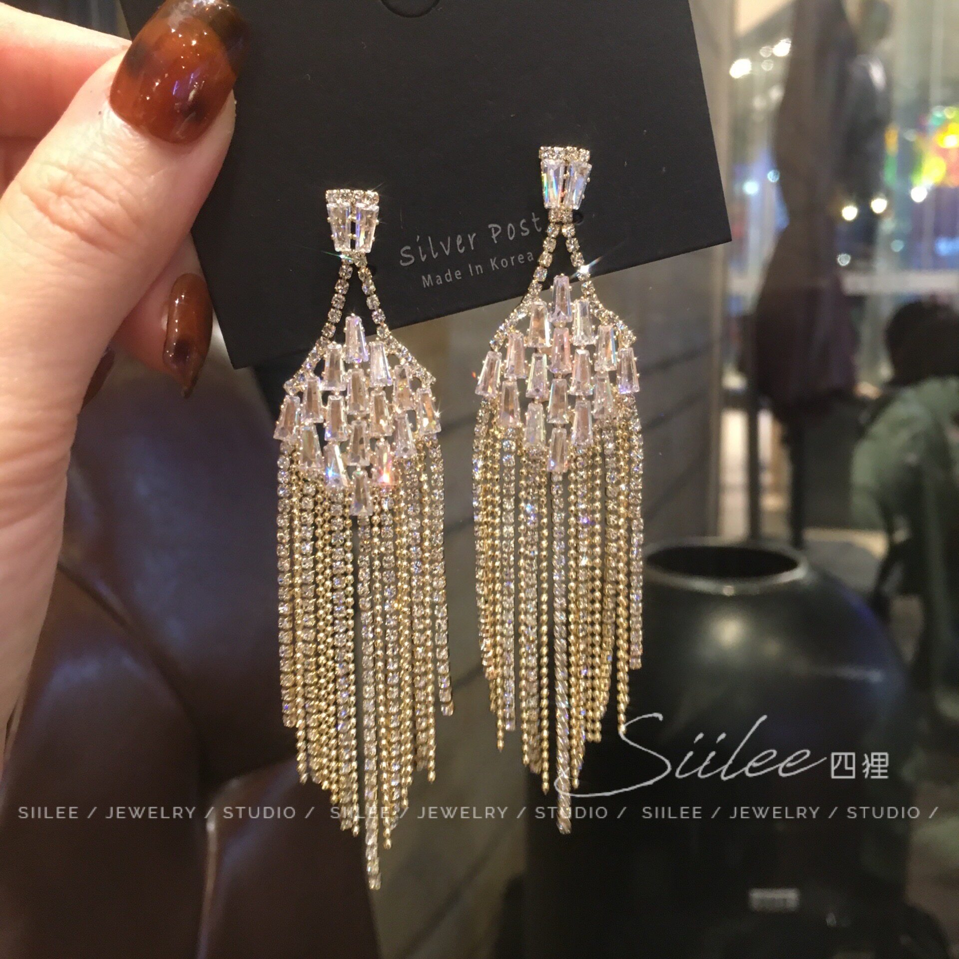 银针 搭配礼服 韩国走秀高级感流苏耳环满钻长款耳饰锆石显瘦耳坠