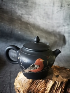 黑色 滇南琼玉 建水紫陶茶壶厂家直销 李由页花鸟彩填壶 工笔画