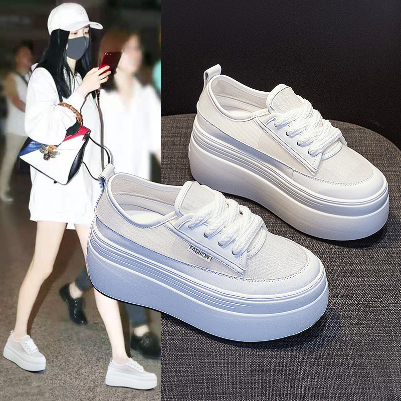 2025夏季新款网红鞋女透气网面增高8cm女鞋高跟厚底黑白休闲松糕