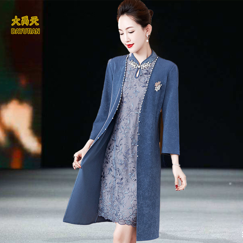 高端妈妈春装旗袍连衣裙假两件中老年女装喜婆婆婚宴装礼服裙子