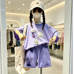 啦芙莱女童2026夏装新款立体花朵T恤女童上衣牛仔短裤套装