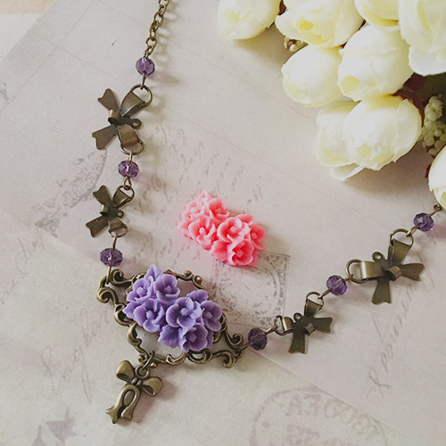 Lolita日常佩饰蔷薇玫瑰花蝴蝶结锁骨链项链优雅甜美水晶宫廷洋装